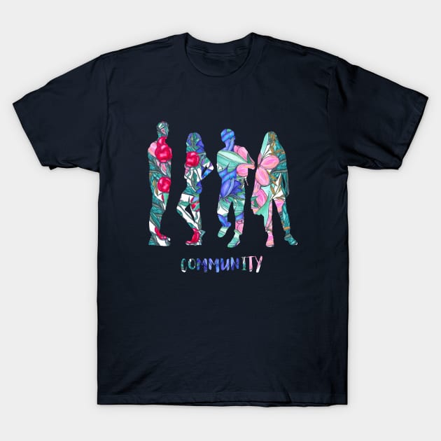 Silhouettes of young people, women and menon on flowers background T-Shirt by KateQR